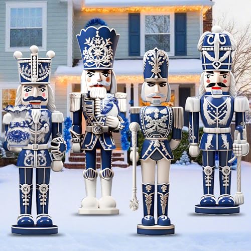 Memorywuu 4 Pcs Large Nutcracker Yard Sign with 16 Stake Christmas Yard Decorations Outdoor Christmas Nutcracker Sign for Xmas Outside Lawn Garden Decor33 x 11 inchesBlue White Style - Image 1