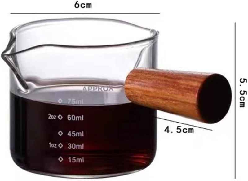 KAPASKI HIGH QUALITY HIGH QUALITY KAPASKI Double Spouts Measuring Triple Pitcher Milk Cup 75ML Espresso Shot Glass Espresso Accessories with Wood Handle for Barista Coffee Espresso Making (1 Pack) - Image 4