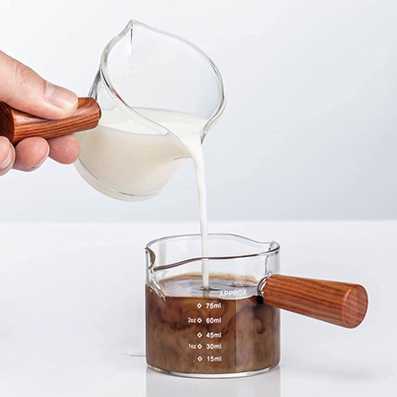 KAPASKI HIGH QUALITY HIGH QUALITY KAPASKI Double Spouts Measuring Triple Pitcher Milk Cup 75ML Espresso Shot Glass Espresso Accessories with Wood Handle for Barista Coffee Espresso Making (1 Pack) - Image 3