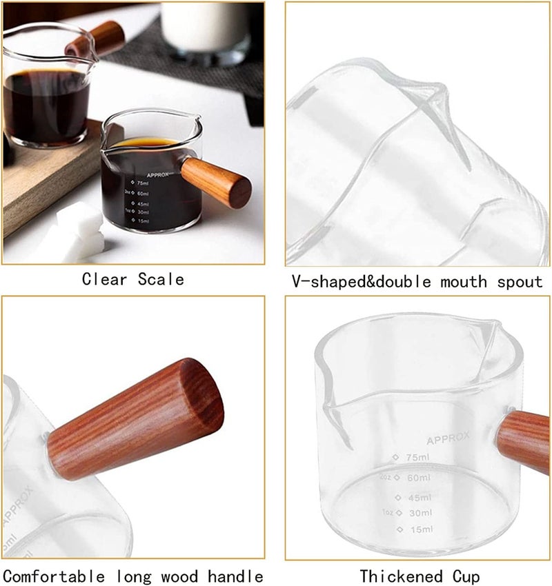 KAPASKI HIGH QUALITY HIGH QUALITY KAPASKI Double Spouts Measuring Triple Pitcher Milk Cup 75ML Espresso Shot Glass Espresso Accessories with Wood Handle for Barista Coffee Espresso Making (1 Pack) - Image 2