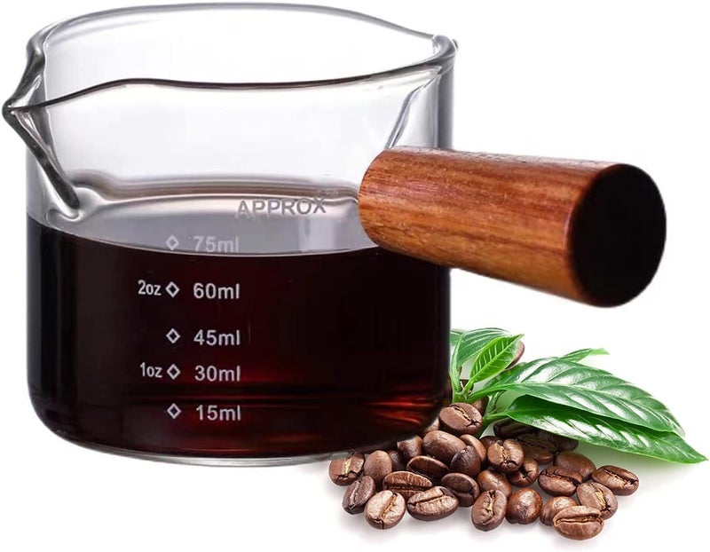 KAPASKI HIGH QUALITY HIGH QUALITY KAPASKI Double Spouts Measuring Triple Pitcher Milk Cup 75ML Espresso Shot Glass Espresso Accessories with Wood Handle for Barista Coffee Espresso Making (1 Pack) - Image 1