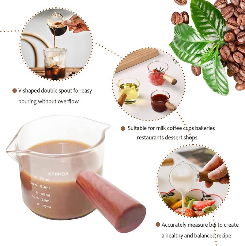 KAPASKI HIGH QUALITY HIGH QUALITY KAPASKI Double Spouts Measuring Triple Pitcher Milk Cup 75ML Espresso Shot Glass Espresso Accessories with Wood Handle for Barista Coffee Espresso Making (1 Pack) - Image 5