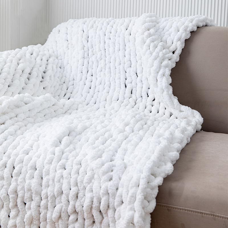 MocaDng Chunky Knit Blanket Throw 40"×40", Hand Knitted Warm Chenille Throw Blanket, Home Decor Soft Thick Yarn Cable Knit Blanket, Soft Breathable Fleece Banket Christmas for Couch Bed Sofa Best Gift (White) - Image 3