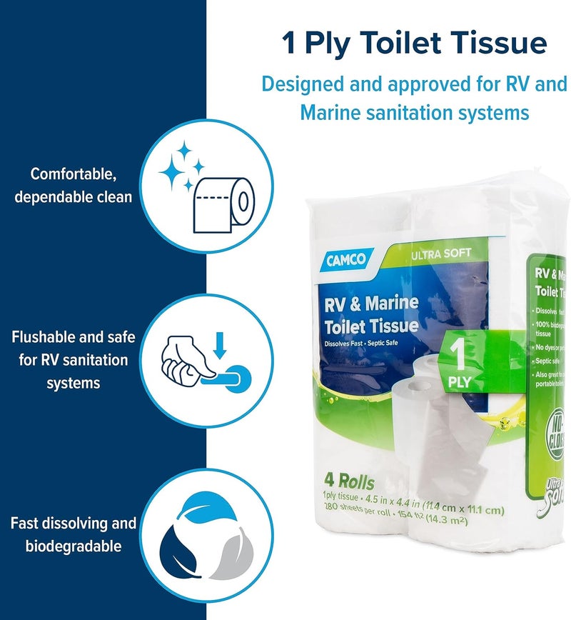 Camco RV & Marine Toilet Tissue - 4 Rolls Biodegradable 1-Ply Bath Tissue for Trailer and Motorhome - Image 2