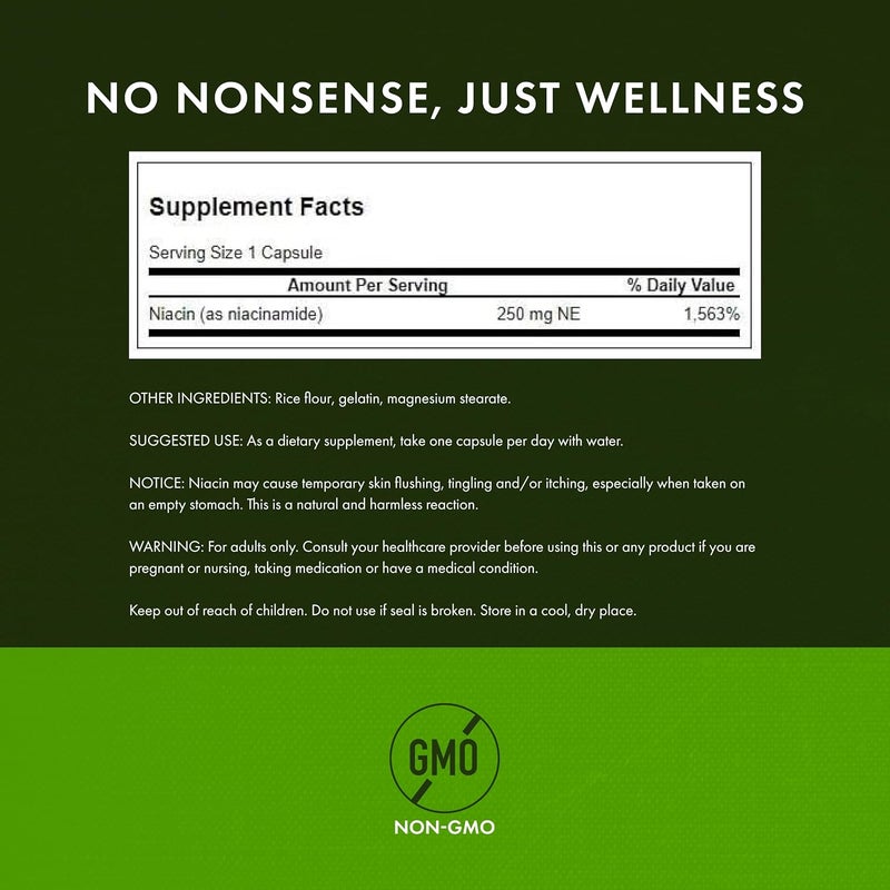 Swanson Niacinamide  Vitamin B3 Supplement Promoting Heart Health  Energy Support  May Support Healthy Joint Function  250 Capsules 250mg Each - Image 3