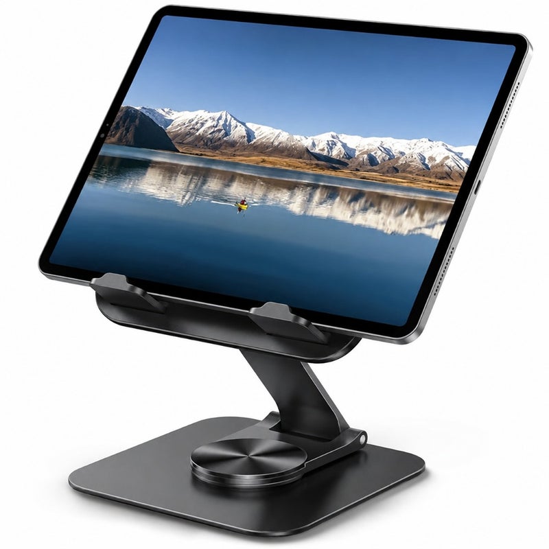 Adjustable iPad Stand for Desk - Ultra-Slim Foldable 360 Rotation Tablet Stand with Heavy-Duty Base, Black Aluminum, Stable Grip for 4.7-13 Devices Including 2025 iPad Pro Air Mini Kindle iPhone 17 Pro - Image 1