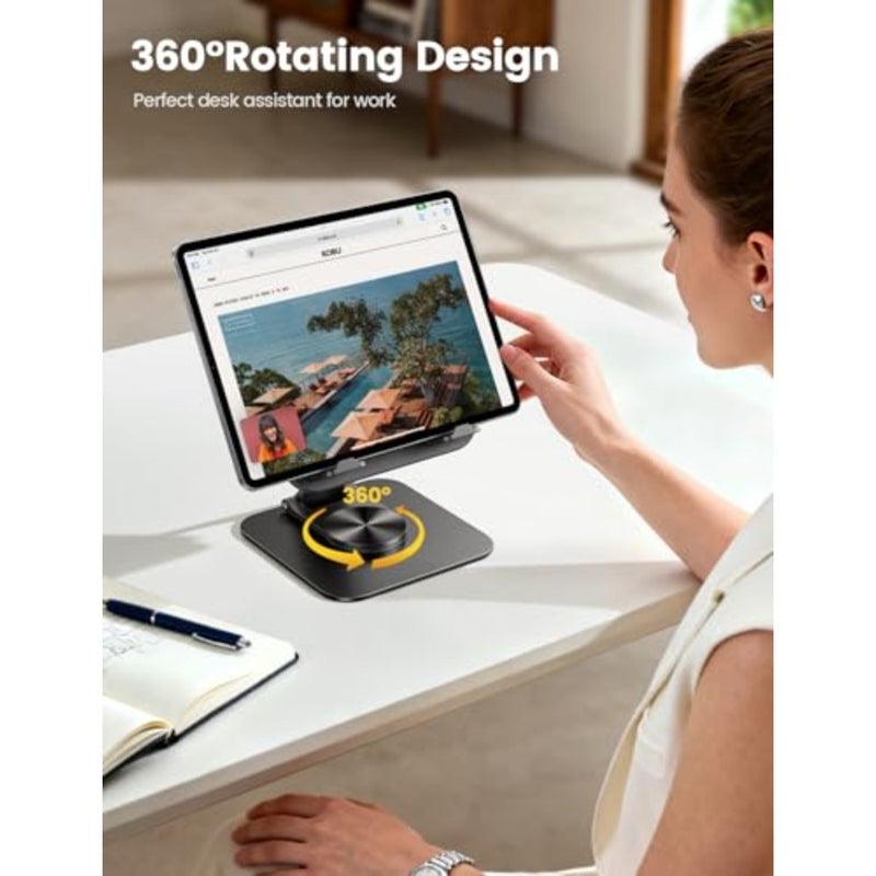 Adjustable iPad Stand for Desk - Ultra-Slim Foldable 360 Rotation Tablet Stand with Heavy-Duty Base, Black Aluminum, Stable Grip for 4.7-13 Devices Including 2025 iPad Pro Air Mini Kindle iPhone 17 Pro - Image 2
