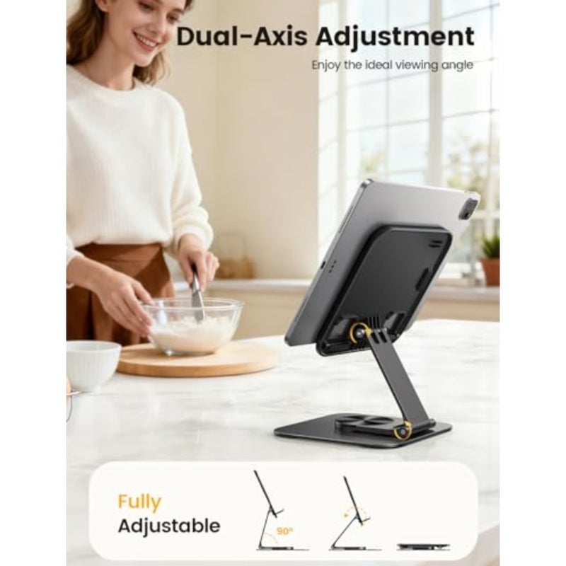 Adjustable iPad Stand for Desk - Ultra-Slim Foldable 360 Rotation Tablet Stand with Heavy-Duty Base, Black Aluminum, Stable Grip for 4.7-13 Devices Including 2025 iPad Pro Air Mini Kindle iPhone 17 Pro - Image 3