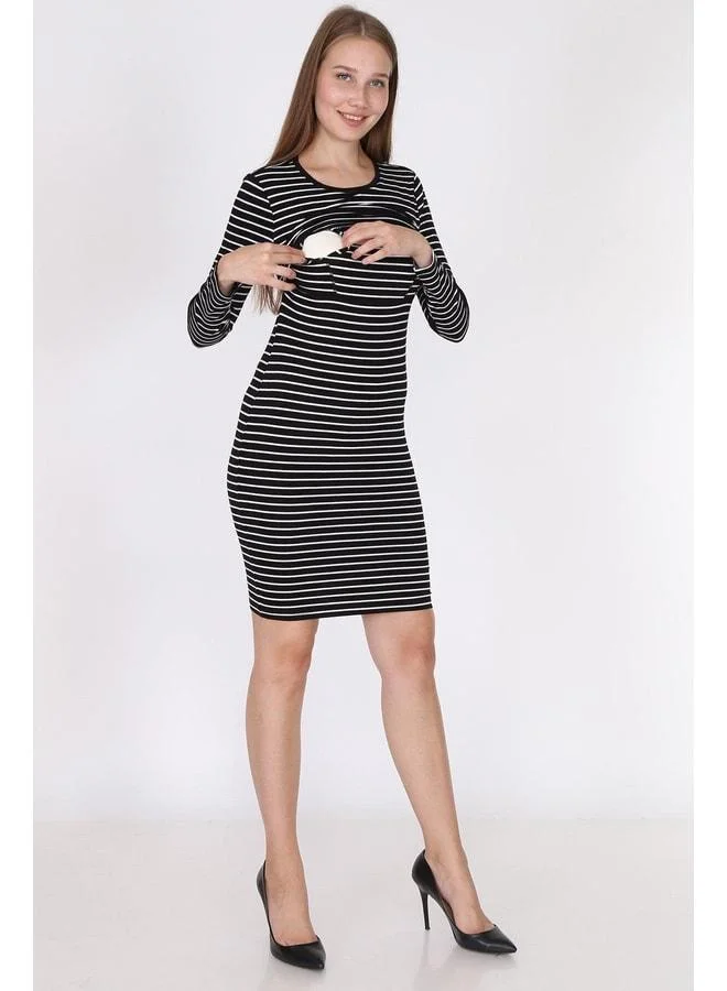 LuvmaBelly 5750 - Black Striped Long Sleeve Nursing Dress.