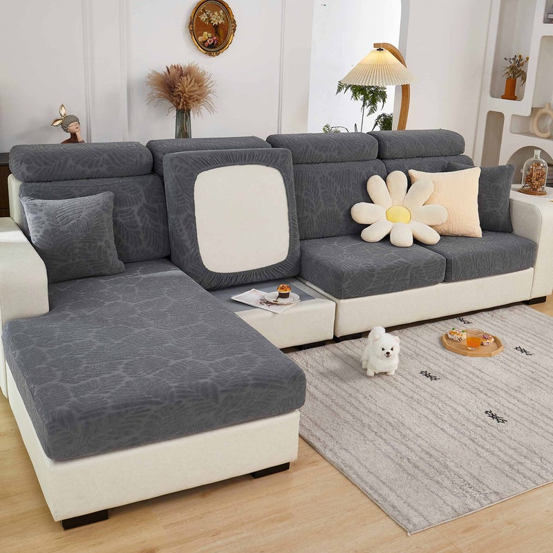 Sofa Seat Cushion Covers High Stretch NonSlip Couch Sofa Cover 1Piece Universal for 1 2 3 4 Seater L Shape Chaise Longue Sofa Slipcovers for Living Room Dogs Pet 2 Seater Leaves Grey