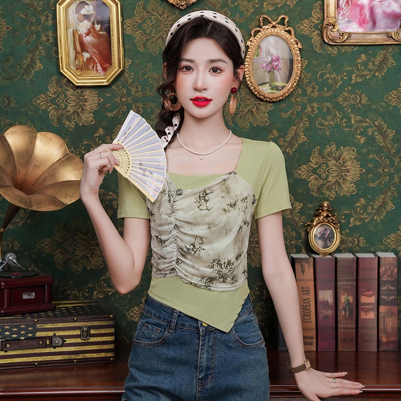 Irregular Short-Sleeved T-Shirt Women'S Explosions Summer Fashion Western Style Design Sense Fake Two-Piece Short Top - Image 3