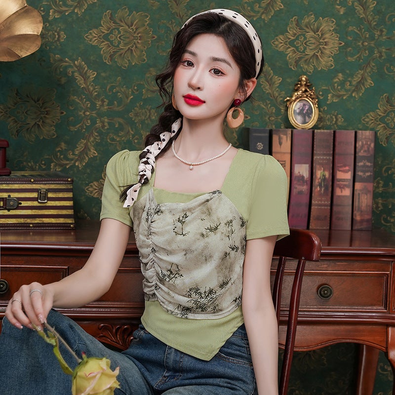 Irregular Short-Sleeved T-Shirt Women'S Explosions Summer Fashion Western Style Design Sense Fake Two-Piece Short Top - Image 4