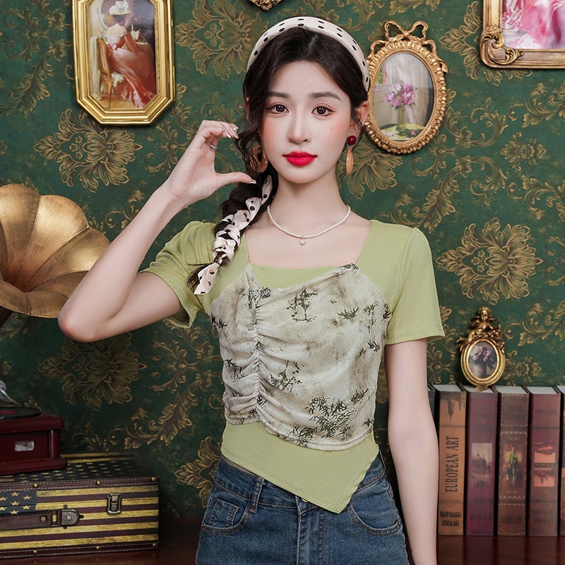 Irregular Short-Sleeved T-Shirt Women'S Explosions Summer Fashion Western Style Design Sense Fake Two-Piece Short Top - Image 2