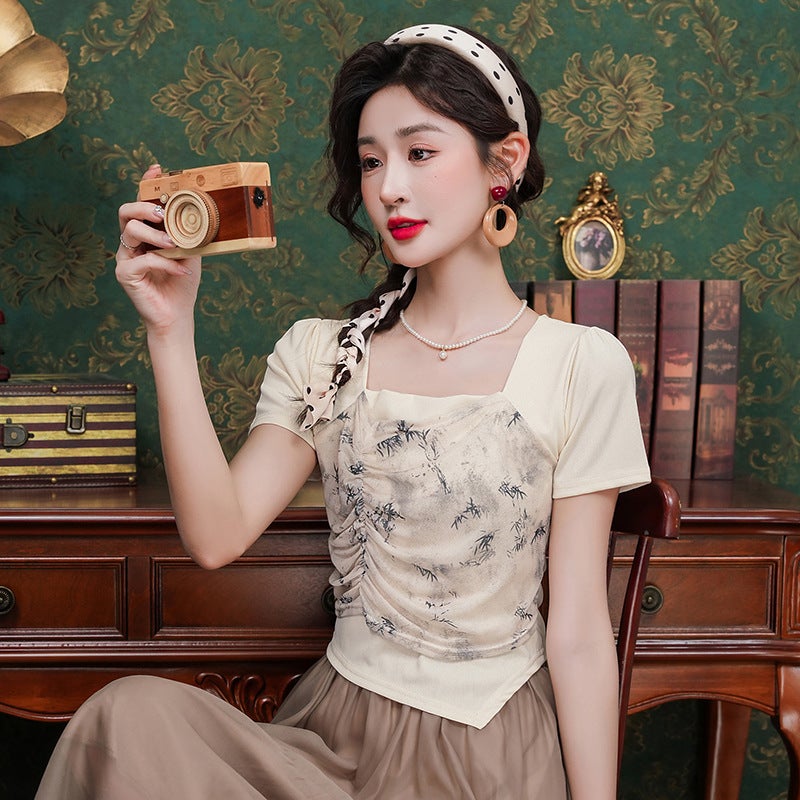 Irregular Short-Sleeved T-Shirt Women'S Explosions Summer Fashion Western Style Design Sense Fake Two-Piece Short Top - Image 1