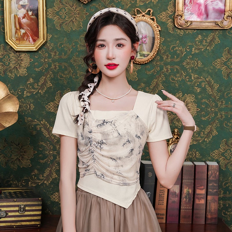Irregular Short-Sleeved T-Shirt Women'S Explosions Summer Fashion Western Style Design Sense Fake Two-Piece Short Top - Image 5