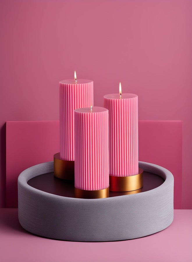 Luces Pink Soy Wax Pillar Candle Set of 3 Pcs Ribbed Scented Pillar Candles for Home Decor Diwali Wedding Valentine Church x-Mass Spa Dinner Table - Image 2