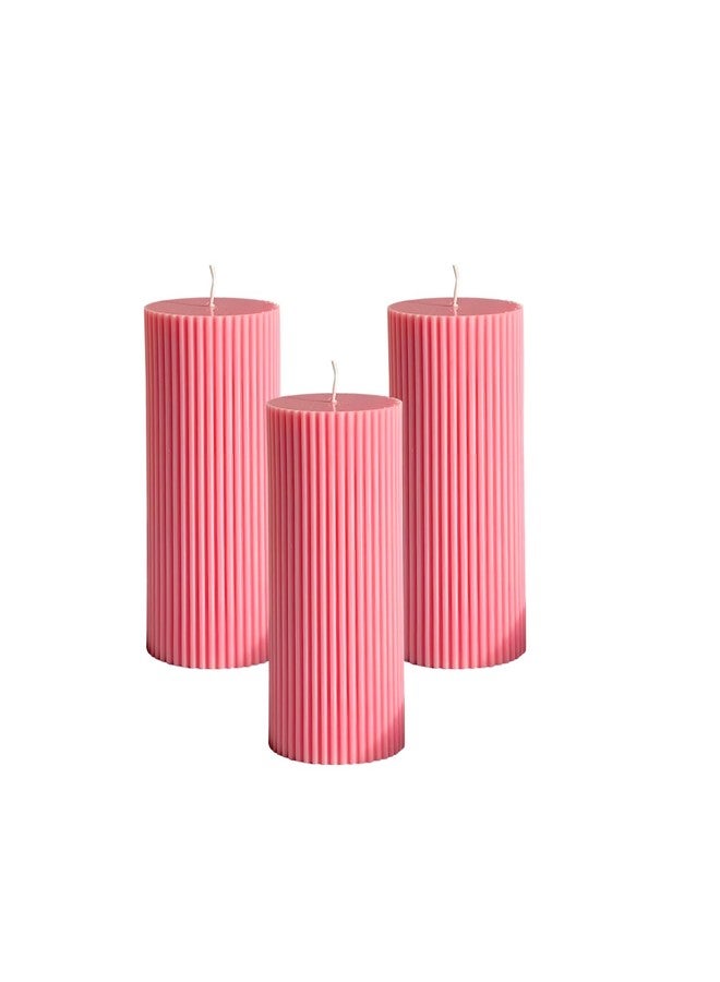 Luces Pink Soy Wax Pillar Candle Set of 3 Pcs Ribbed Scented Pillar Candles for Home Decor Diwali Wedding Valentine Church x-Mass Spa Dinner Table - Image 1