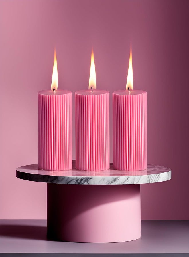 Luces Pink Soy Wax Pillar Candle Set of 3 Pcs Ribbed Scented Pillar Candles for Home Decor Diwali Wedding Valentine Church x-Mass Spa Dinner Table - Image 4