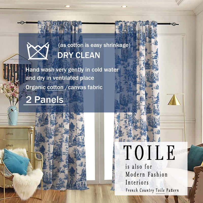 XTMYI Blue Toile Window Curtains Drapes for Living Room 84 Inch Length 2 Panels Set Long Sheer Cotton Textured French Country Floral Vintage Victorian Semi Blackout Farmhouse Darkening Curtain for Bedroom - Image 3