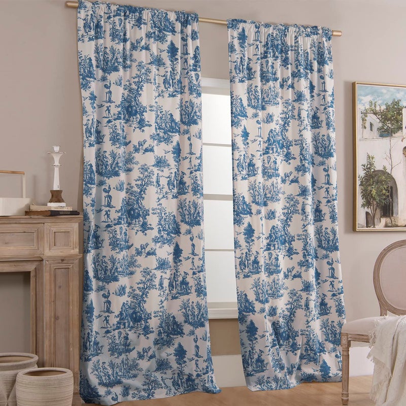 XTMYI Blue Toile Window Curtains Drapes for Living Room 84 Inch Length 2 Panels Set Long Sheer Cotton Textured French Country Floral Vintage Victorian Semi Blackout Farmhouse Darkening Curtain for Bedroom - Image 2