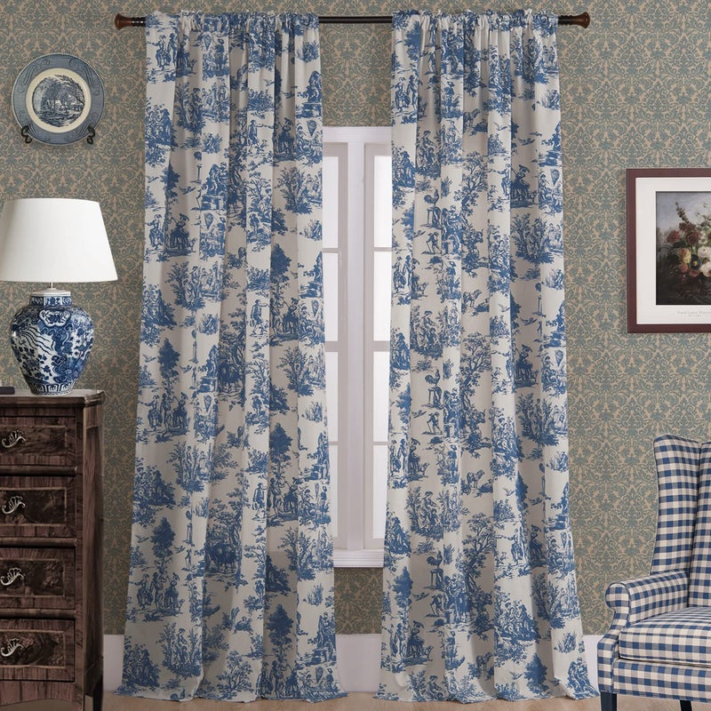 XTMYI Blue Toile Window Curtains Drapes for Living Room 84 Inch Length 2 Panels Set Long Sheer Cotton Textured French Country Floral Vintage Victorian Semi Blackout Farmhouse Darkening Curtain for Bedroom - Image 1