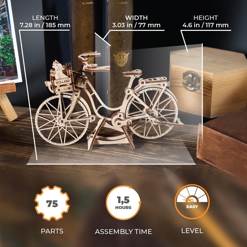 UGEARS Wooden 3D Puzzles - Dutch Bicycle Model Kit for Adults - Easy Assembly Iconic Amsterdam Bike Crafts - DIY Miniature Kit - 75 Pieces - Image 2