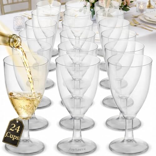 JoyServe 24 Plastic Wine Glasses Disposable - 7 Oz Clear BPA-Free Plastic Glasses with Stem, Reusable Party Wine Cups for Outdoor Parties, Weddings, Toasts, Drinks, Catering (Bulk Pack of 24) - Image 1