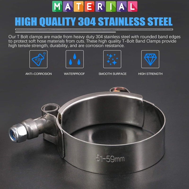 Glarks مشابك خرطوم T-Bolt من غلركس 8 قطع 51-59 مم من الفولاذ المقاوم للصدأ للتوربو ومدخل الهواء - Image 3