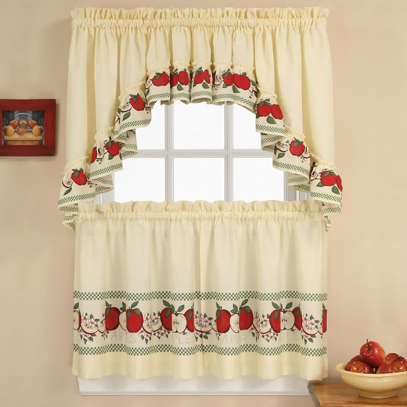CHF & You Red Delicious Country Apples 3-Piece Window Curtain Tier Set, Ivory, 56-Inch X 24-Inch, Multi Color - Image 1