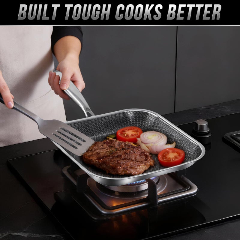 Toutrop Non Stick Stainless Steel Skillet,12 Inch Square Frying Pan, Nonstick Grill Pan for All Stoves, Oven Dishwasher Safe, PFOA Free - Image 3