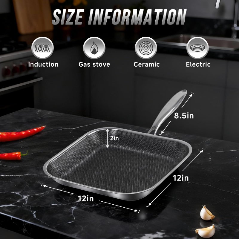Toutrop Non Stick Stainless Steel Skillet,12 Inch Square Frying Pan, Nonstick Grill Pan for All Stoves, Oven Dishwasher Safe, PFOA Free - Image 5