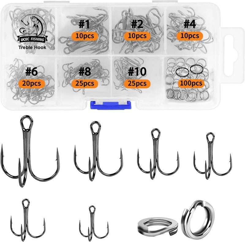 UCEC Fishing Hooks Treble Hooks Kit for Saltwater Freshwater, High Carbon Steel Strong Sharp Round Bend for Catfish Trout Hard Baits Lures, Size #1#2#4#6#8#10#12#14 110/50/210 Pack with Split Rings - Image 1