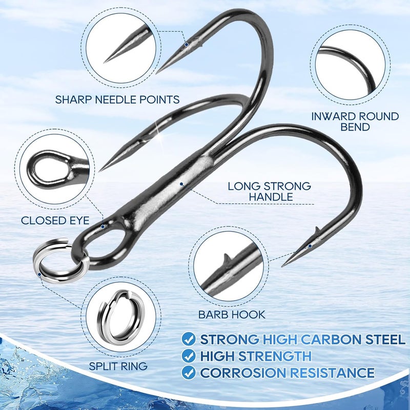 UCEC Fishing Hooks Treble Hooks Kit for Saltwater Freshwater, High Carbon Steel Strong Sharp Round Bend for Catfish Trout Hard Baits Lures, Size #1#2#4#6#8#10#12#14 110/50/210 Pack with Split Rings - Image 2
