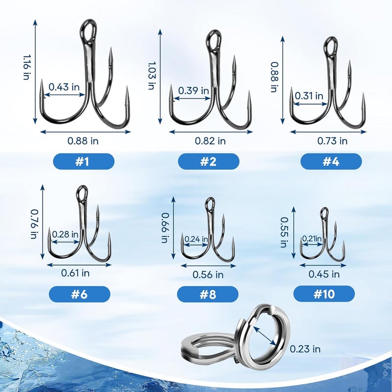 UCEC Fishing Hooks Treble Hooks Kit for Saltwater Freshwater, High Carbon Steel Strong Sharp Round Bend for Catfish Trout Hard Baits Lures, Size #1#2#4#6#8#10#12#14 110/50/210 Pack with Split Rings - Image 4