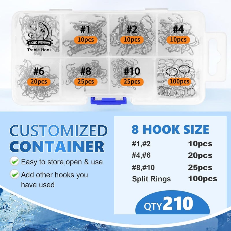 UCEC Fishing Hooks Treble Hooks Kit for Saltwater Freshwater, High Carbon Steel Strong Sharp Round Bend for Catfish Trout Hard Baits Lures, Size #1#2#4#6#8#10#12#14 110/50/210 Pack with Split Rings - Image 3