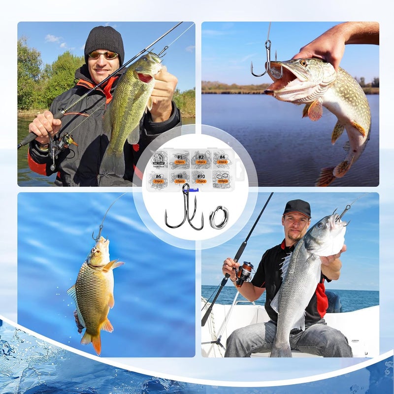 UCEC Fishing Hooks Treble Hooks Kit for Saltwater Freshwater, High Carbon Steel Strong Sharp Round Bend for Catfish Trout Hard Baits Lures, Size #1#2#4#6#8#10#12#14 110/50/210 Pack with Split Rings - Image 5