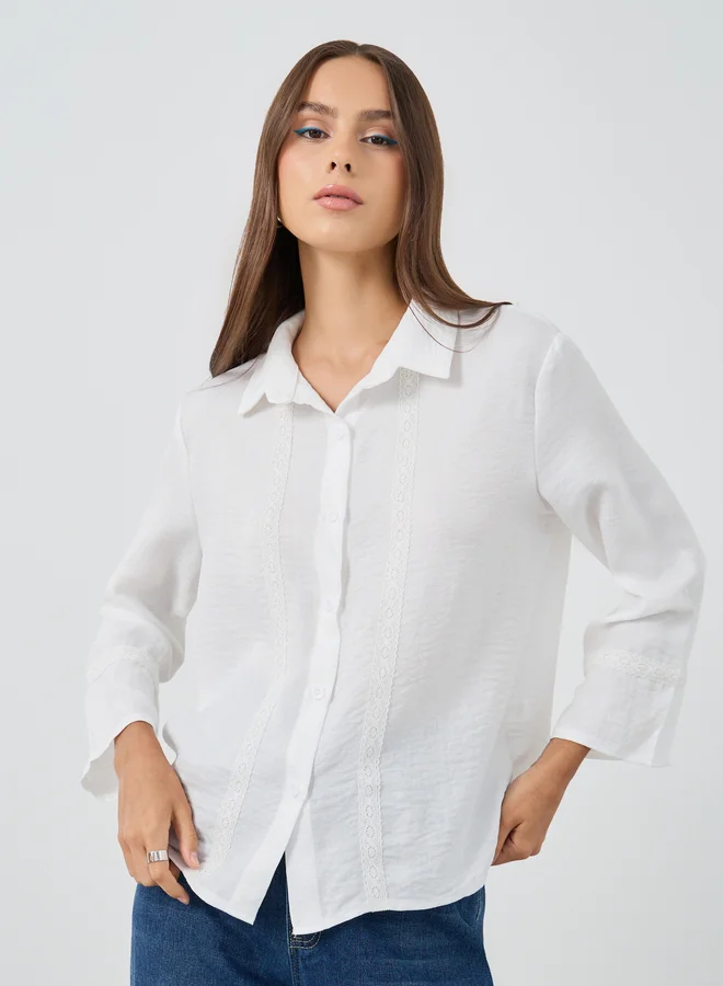 Take Two Take Two Solid Regular Fit Lace Detail Buttoned Shirt