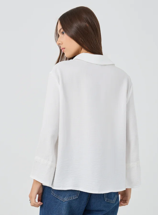 Take Two Take Two Solid Regular Fit Lace Detail Buttoned Shirt