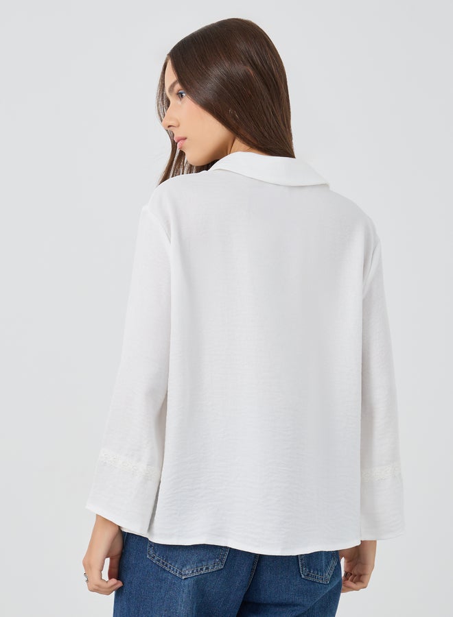 تايك تو قميص بأزرار بتفاصيل دانتيل بقصة عادية بلون سادة - Image 5