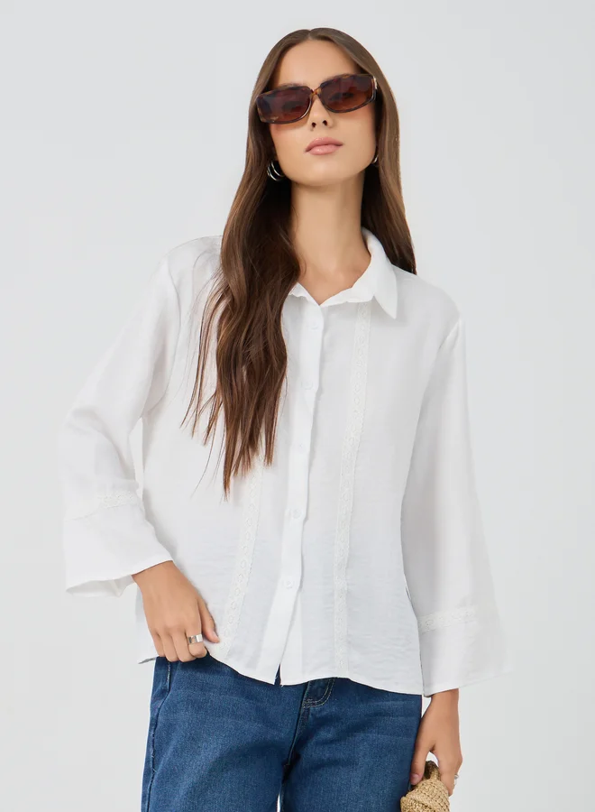 Take Two Take Two Solid Regular Fit Lace Detail Buttoned Shirt