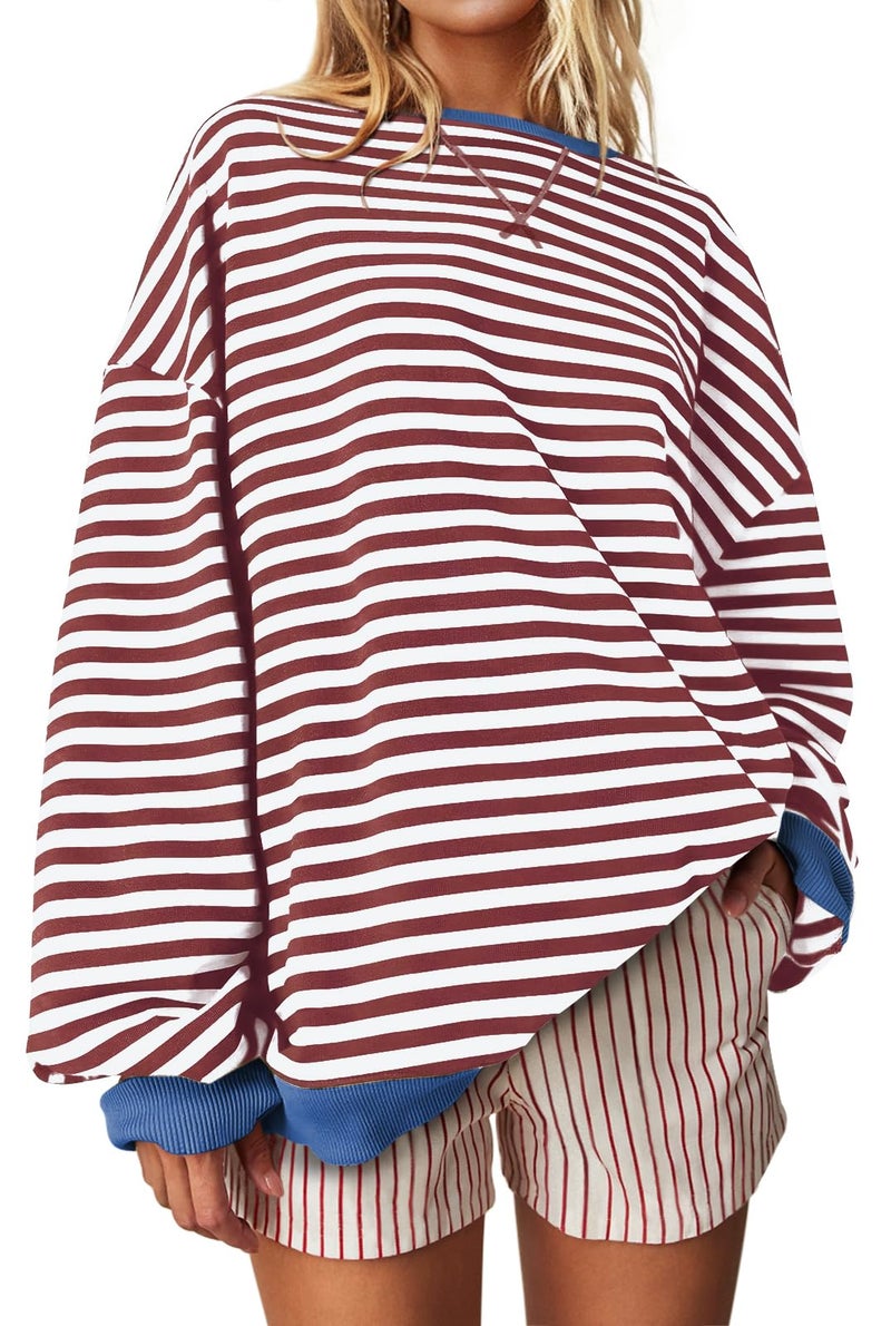 UEU Women Oversized Sweatshirt Striped Color Block Sweatshirts Loose Fit Crew Neck Long Sleeve Pullover Top Coffee Striped X-Large - Image 1