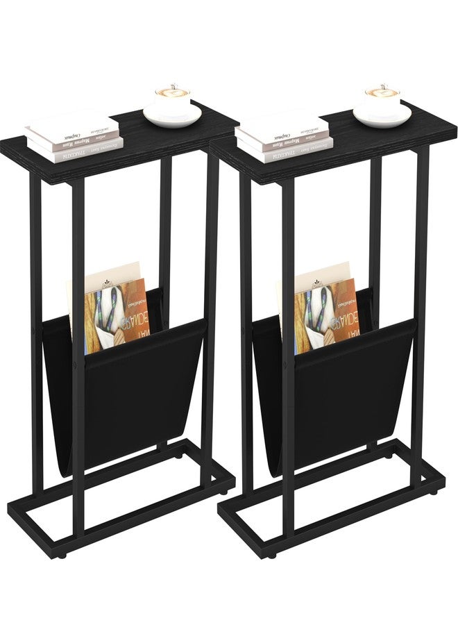 Yusong Narrow Side Table for Small Spaces, Small End Table Set of 2 with Magazine Holder Table, Skinny Slim Little Thin Table for Living Room, Bedroom, Sofa, Black Oak - Image 1