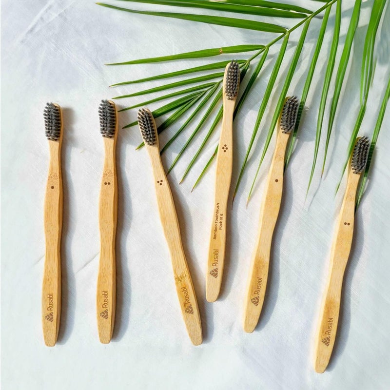 Rusabl Organic Bamboo Toothbrush (Pack of 6) Charcoal Activated Soft Bristles, Biodegradable & Anti-Bacterial, Eco-friendly & Natural - Image 1