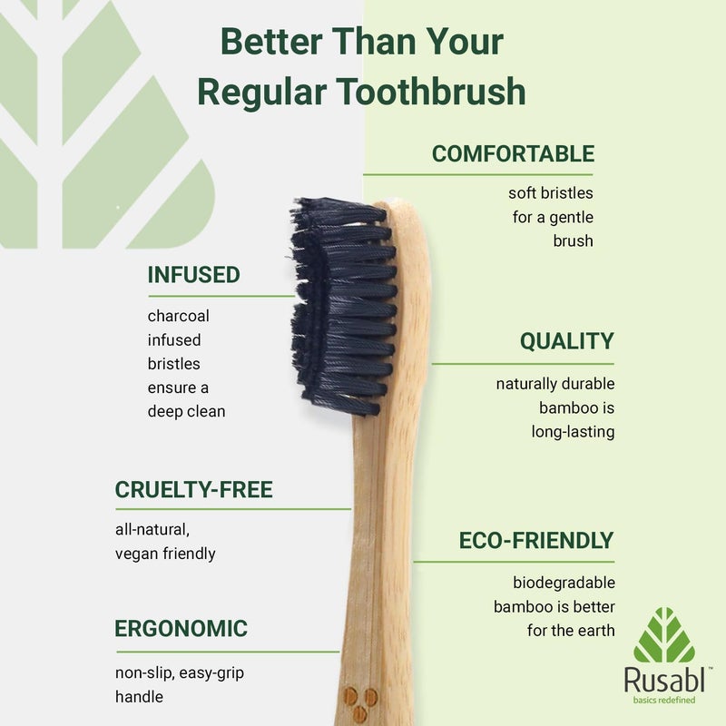 Rusabl Organic Bamboo Toothbrush (Pack of 6) Charcoal Activated Soft Bristles, Biodegradable & Anti-Bacterial, Eco-friendly & Natural - Image 3