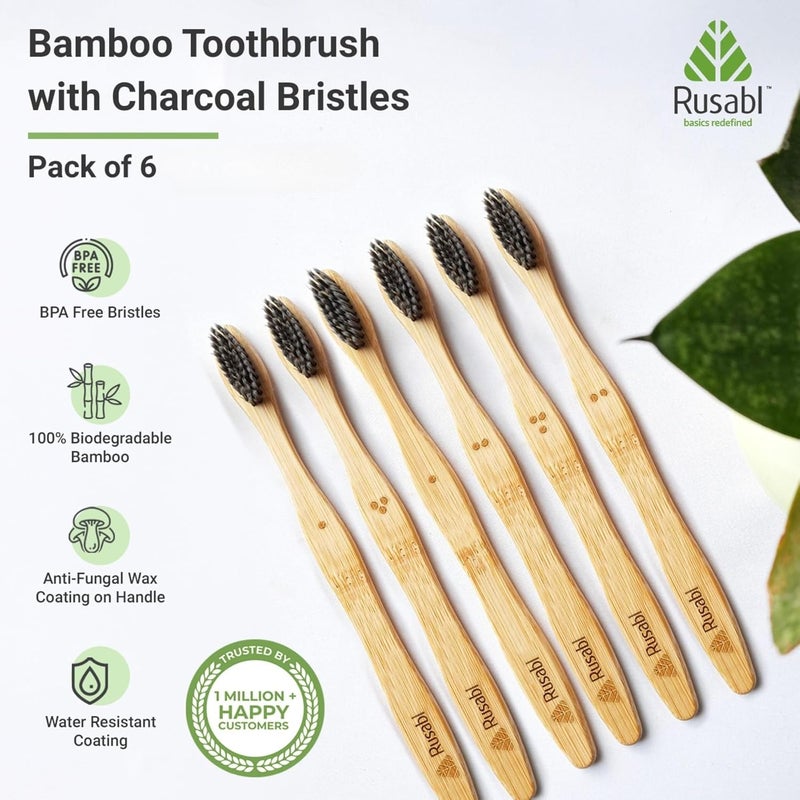 Rusabl Organic Bamboo Toothbrush (Pack of 6) Charcoal Activated Soft Bristles, Biodegradable & Anti-Bacterial, Eco-friendly & Natural - Image 2