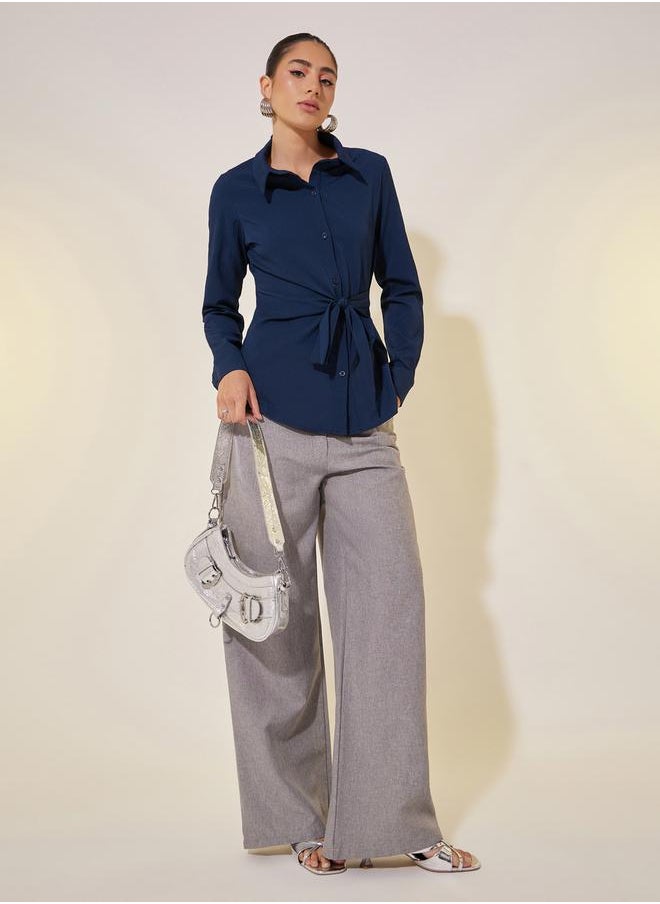 Take Two - Solid Long Sleeve Collared Wrap Top - Image 1