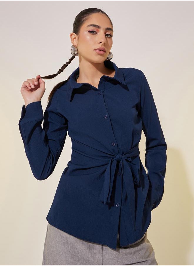 Take Two - Solid Long Sleeve Collared Wrap Top - Image 1