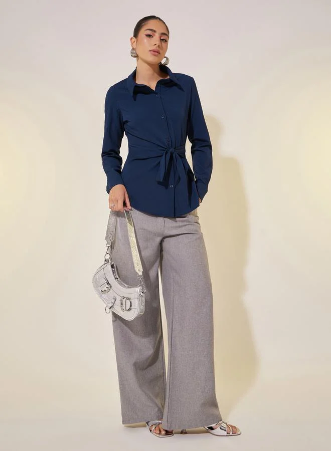 Take Two Solid Long Sleeve Collared Wrap Top