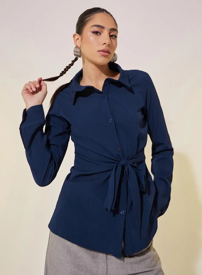 Take Two Solid Long Sleeve Collared Wrap Top