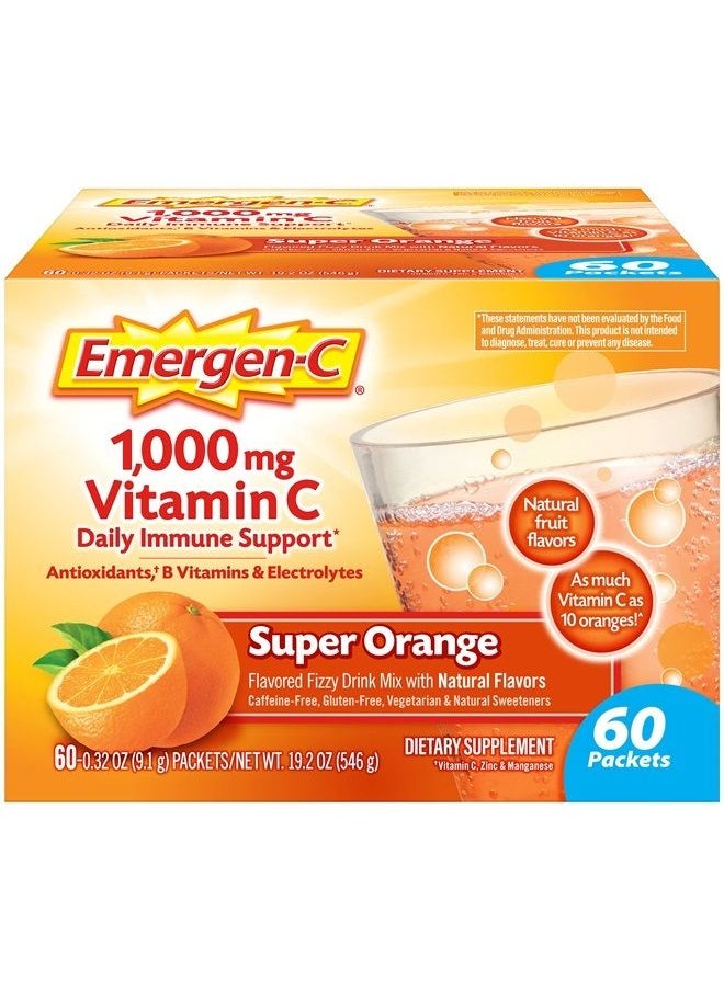 Emergen-C 1000mg Vitamin C Powder for Daily Immune Support Caffeine Free Vitamin C Supplements with Zinc and Manganese, B Vitamins and Electrolytes, Super Orange Flavor - 60 Count/2 Month Supply  - Image 1